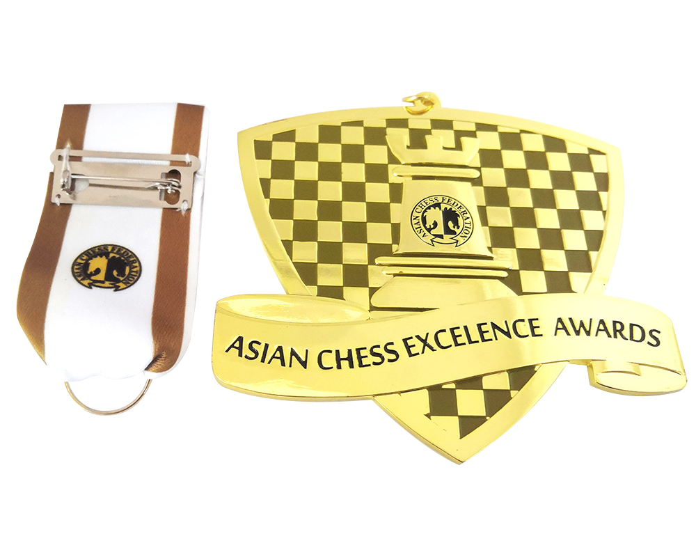 Gold Soft Enamel Asian Chess Federation Medal With Ribbon
