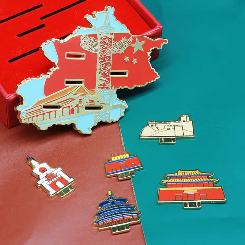 Metal Assembled Luxury Colorful Chinese Architecture Badge Hard Enamel Lapel Pin Ornament Set with Gift Box