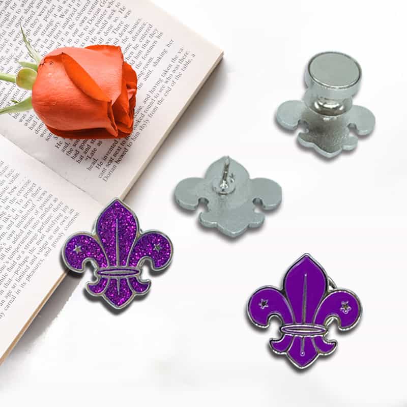 Iron Stamped Enamel Glitter Purple Fleur-de-Lis French Style Badge Pin