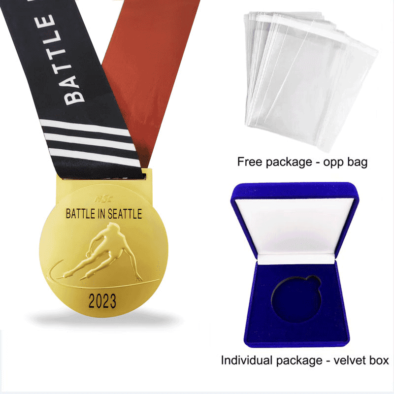 Zinc Alloy Die Casted Double Painted Matte Gold Speed Skating Competition Embossed Medal with Black Lanyard