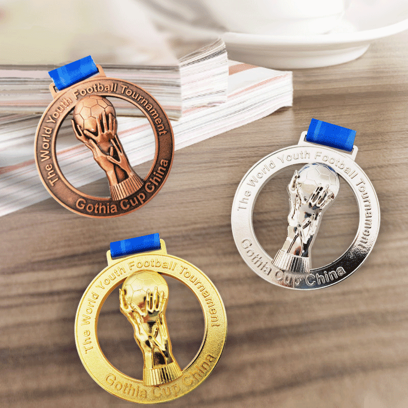 Zinc Alloy Die Casted Polished World Youth Football Theme 3D Trophy-Shaped Hollow Gold Medal with Blue Lanyard