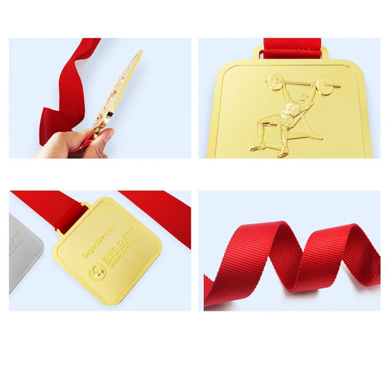 Zinc Alloy Die Casted Gold Silver Bronze Plated Sandblasted Weightlifting Competition 3D Emblem Medal with Red Woven Ribbon