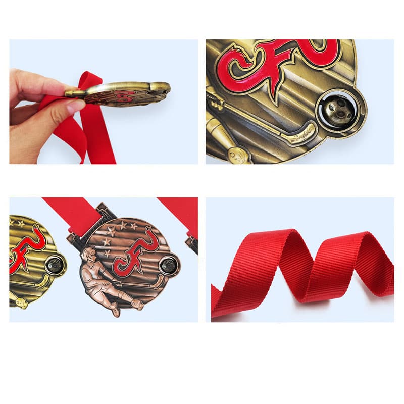 Zinc Alloy Die Casted Soft Enamel Antique Plated Polished Hockey Player Style 3D Emblem Sports Competition Medal